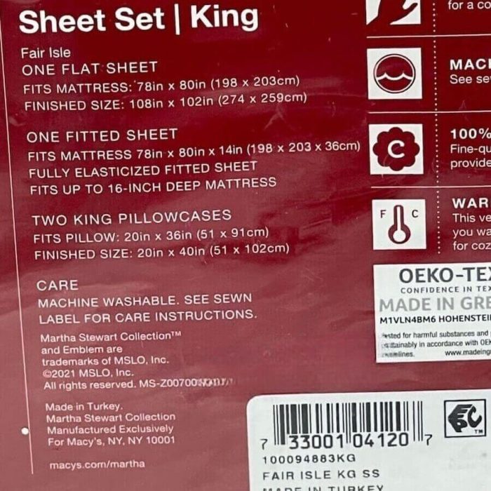 Martha Stewart Flannel Fair Isle Snowflakes California King Sheet Set 4