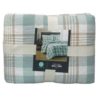 Martha Stewart Buffalo Plaid Yarn Dye King Quilt Tan Blue 2