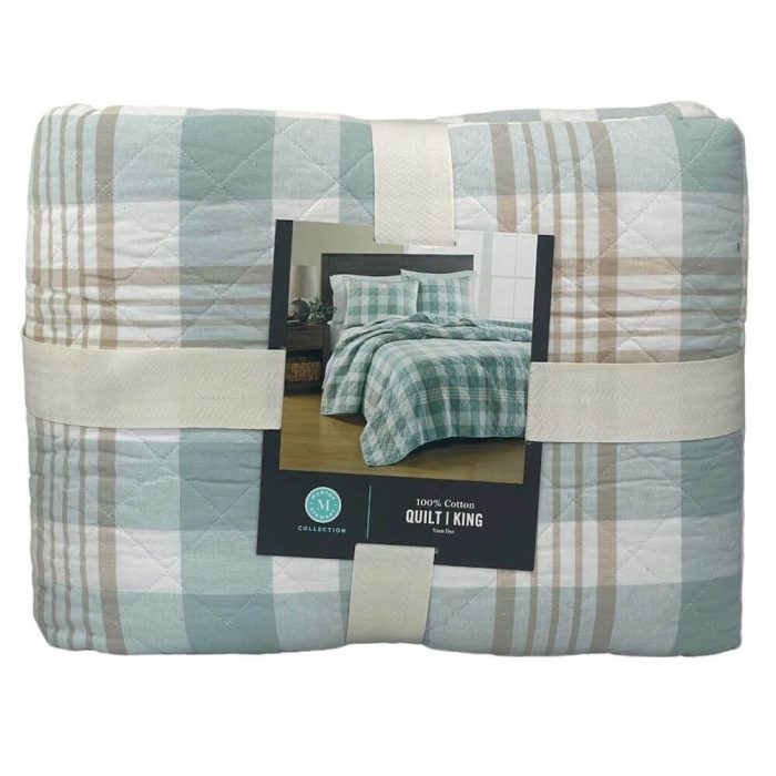 Martha Stewart Buffalo Plaid Yarn Dye King Quilt Tan Blue 2