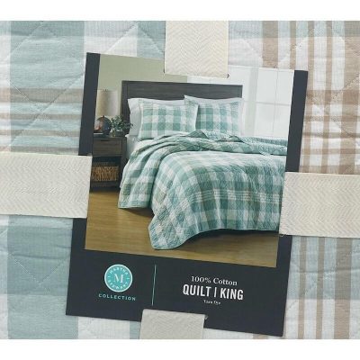 Martha Stewart Buffalo Plaid Yarn Dye King Quilt Tan Blue 3