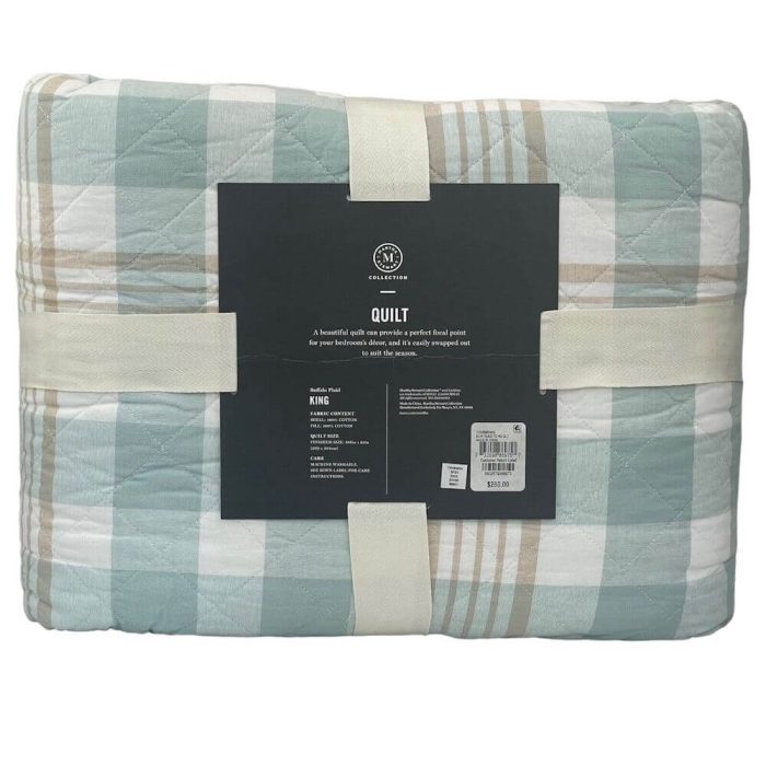 Martha Stewart Buffalo Plaid Yarn Dye King Quilt Tan Blue 4