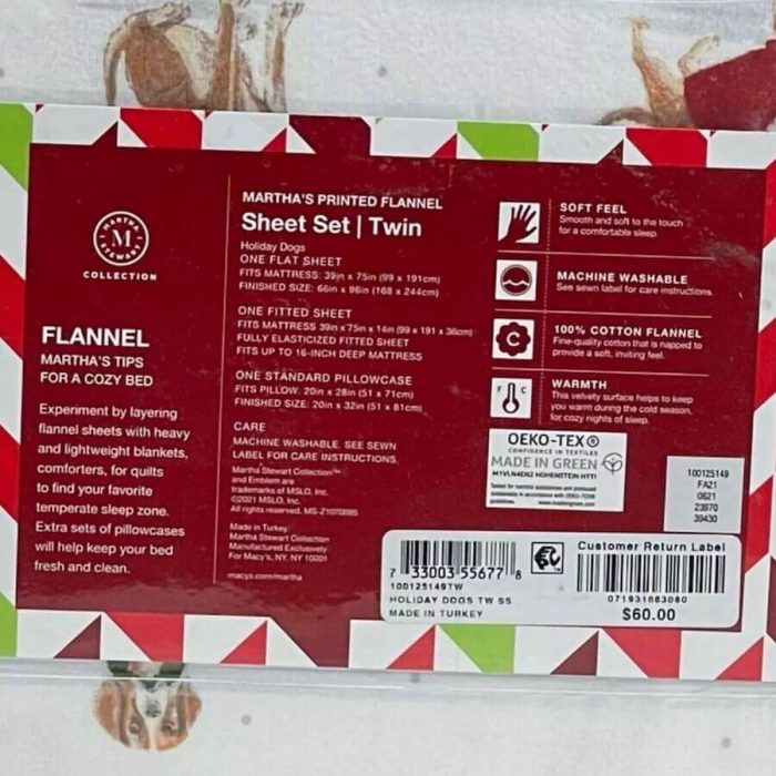 Martha Stewart Holiday Dogs Cotton Flannel Twin Sheet Set 4