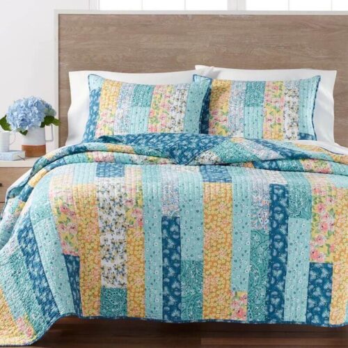 Martha Stewart Amalfi Striped Patchwork Full/Queen Quilt Set Blue