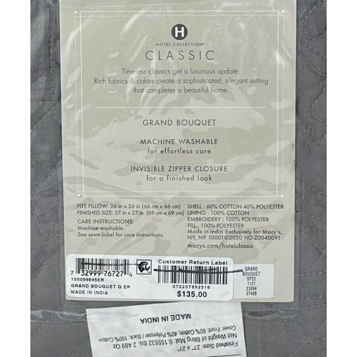 Hotel Collection Grand Bouquet Quilted EURO Sham Gray 3