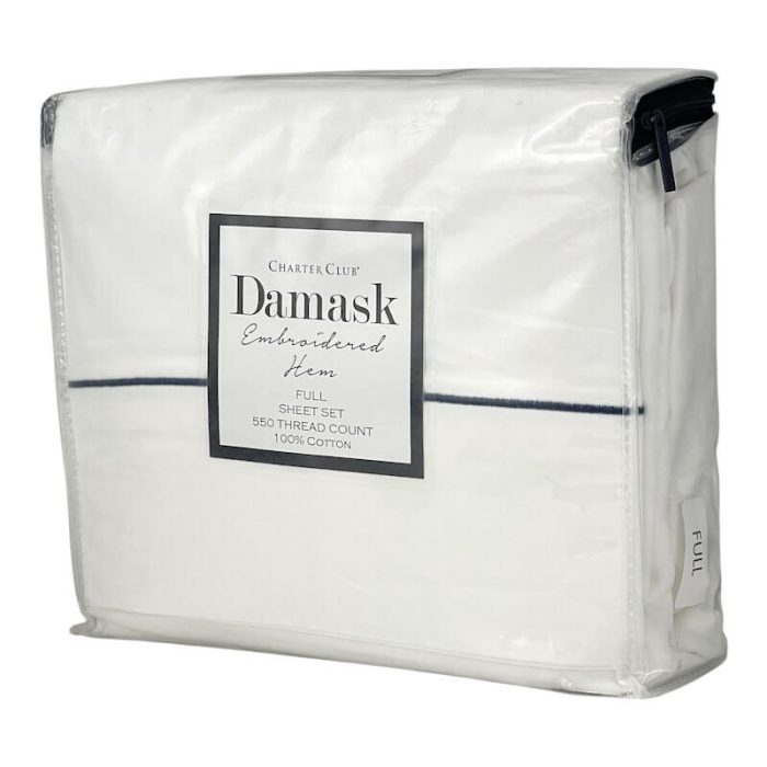Charter Club Damask Embroidered Hem Full Sheet Set Navy-White 2