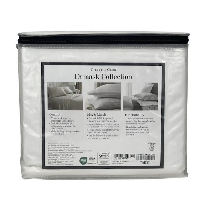 Charter Club Damask Embroidered Hem Full Sheet Set Navy-White 3