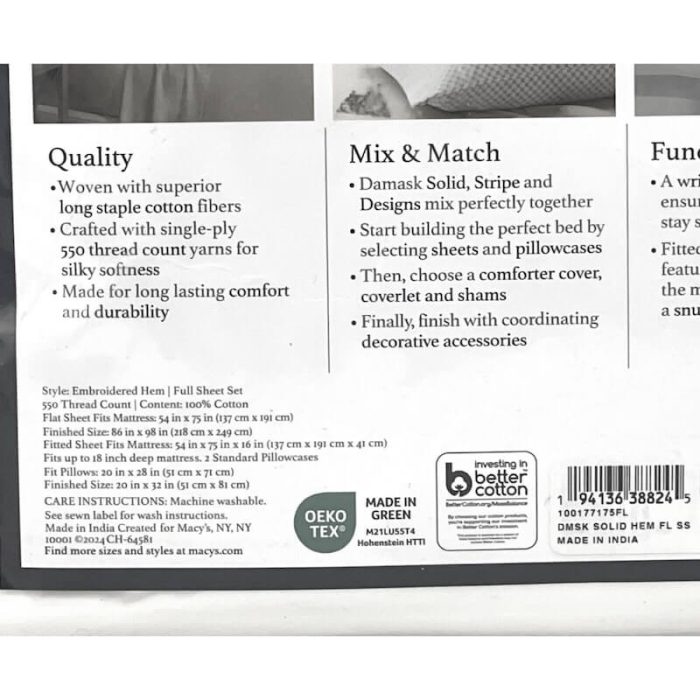 Charter Club Damask Embroidered Hem Full Sheet Set Navy-White 4