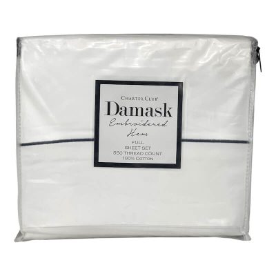 Charter Club Damask Embroidered Hem Full Sheet Set Navy-White