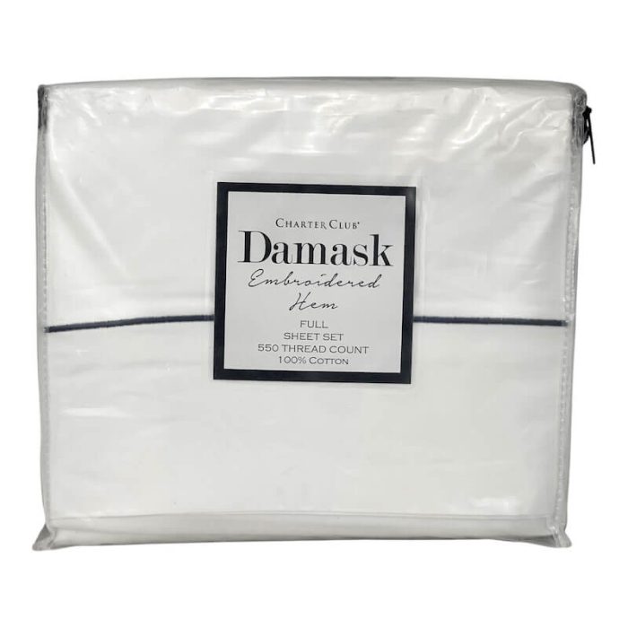 Charter Club Damask Embroidered Hem Full Sheet Set Navy-White